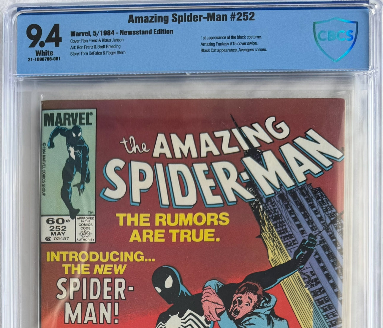 Amazing Spider-Man #252 (Newsstand, CBCS 9.4) – First Black Costume in ASM 1963, ASM 1 Homage, Black Cat, Avengers Cameos