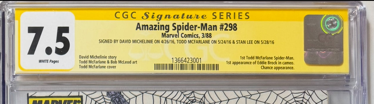 Amazing Spider-Man (1963) #298 - CGC 7.5, White Pages- Signed Stan Lee, Todd McFarlane, David Michelinie (First Todd ASM, First Eddie Brock Appearance)