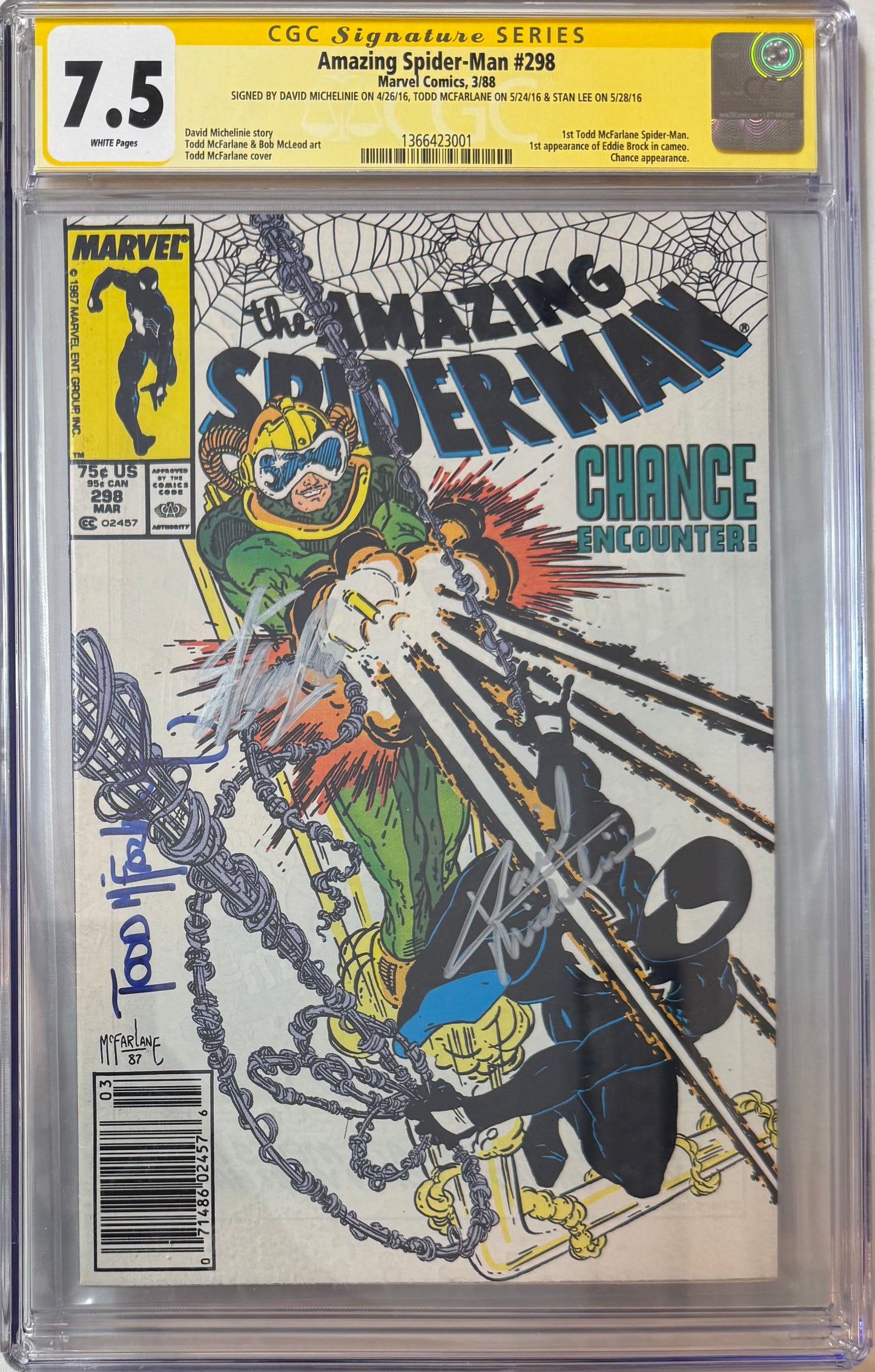 Amazing Spider-Man (1963) #298 - CGC 7.5, White Pages- Signed Stan Lee, Todd McFarlane, David Michelinie (First Todd ASM, First Eddie Brock Appearance)