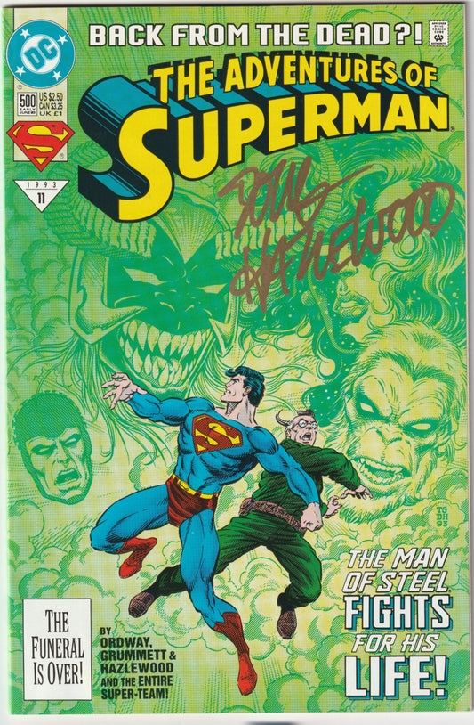 Unlock a piece of Superman’s legendary return with Adventures of Superman #500, a collector’s masterpiece signed by inker Doug Hazelwood! Released in June 1993, this iconic issue marks the start of the “Reign of the Supermen” arc, following the “Death of Superman” saga.