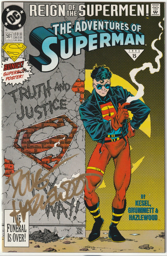 Grab a high-flying piece of Superman lore with Adventures of Superman #501, a collector’s standout signed by inker Doug Hazelwood! Released in June 1993, this electrifying issue rockets into the “Reign of the Supermen” arc, debuting Superboy (Conner Kent) as the cocky, leather-jacketed “Man of Tomorrow” saving Metropolis. Written by Karl Kesel, with Tom Grummett’s pencils and Hazelwood’s crisp inks, this comic oozes 1990s swagger and introduces a fan-favorite character.