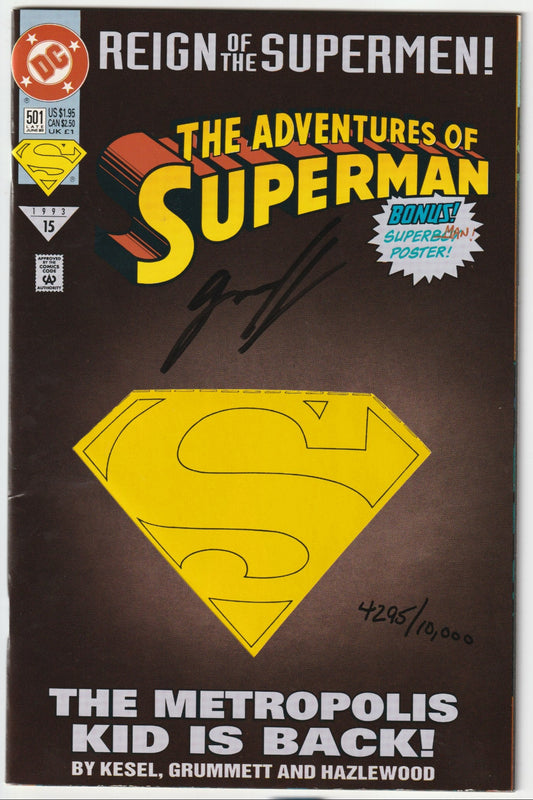 Capture a rare slice of Superman history with Adventures of Superman #501, a collector’s gem signed by penciller Tom Grummett and limited to just 10,000 copies! Released in June 1993, this pivotal issue dives into the “Reign of the Supermen” arc, spotlighting the debut of Superboy (Conner Kent) as the brash, Metropolis-saving “Man of Tomorrow.”
