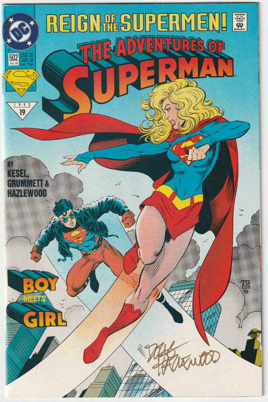 Soar into a classic Superman tale with Adventures of Superman #502, a collector’s gem signed by inker Doug Hazelwood! Released in July 1993, this action-packed issue dives deeper into the “Reign of the Supermen” arc, spotlighting Superboy (Conner Kent) as he navigates his brash new role in Metropolis, clashing with street-level threats and proving his mettle.
