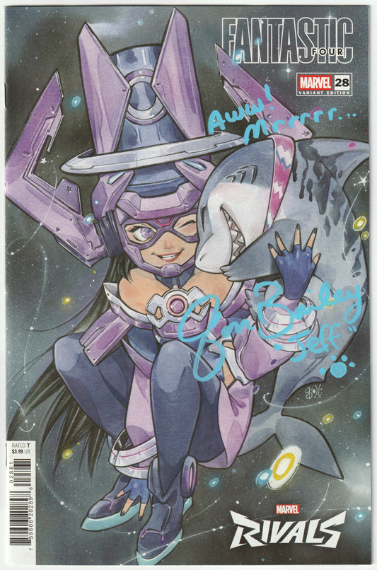Fantastic Four #28 (Legacy #721) – Peach Momoko Marvel Rivals Variant, Signed by Jon Bailey (Voice of Jeff the Land Shark) (NM/NM+)