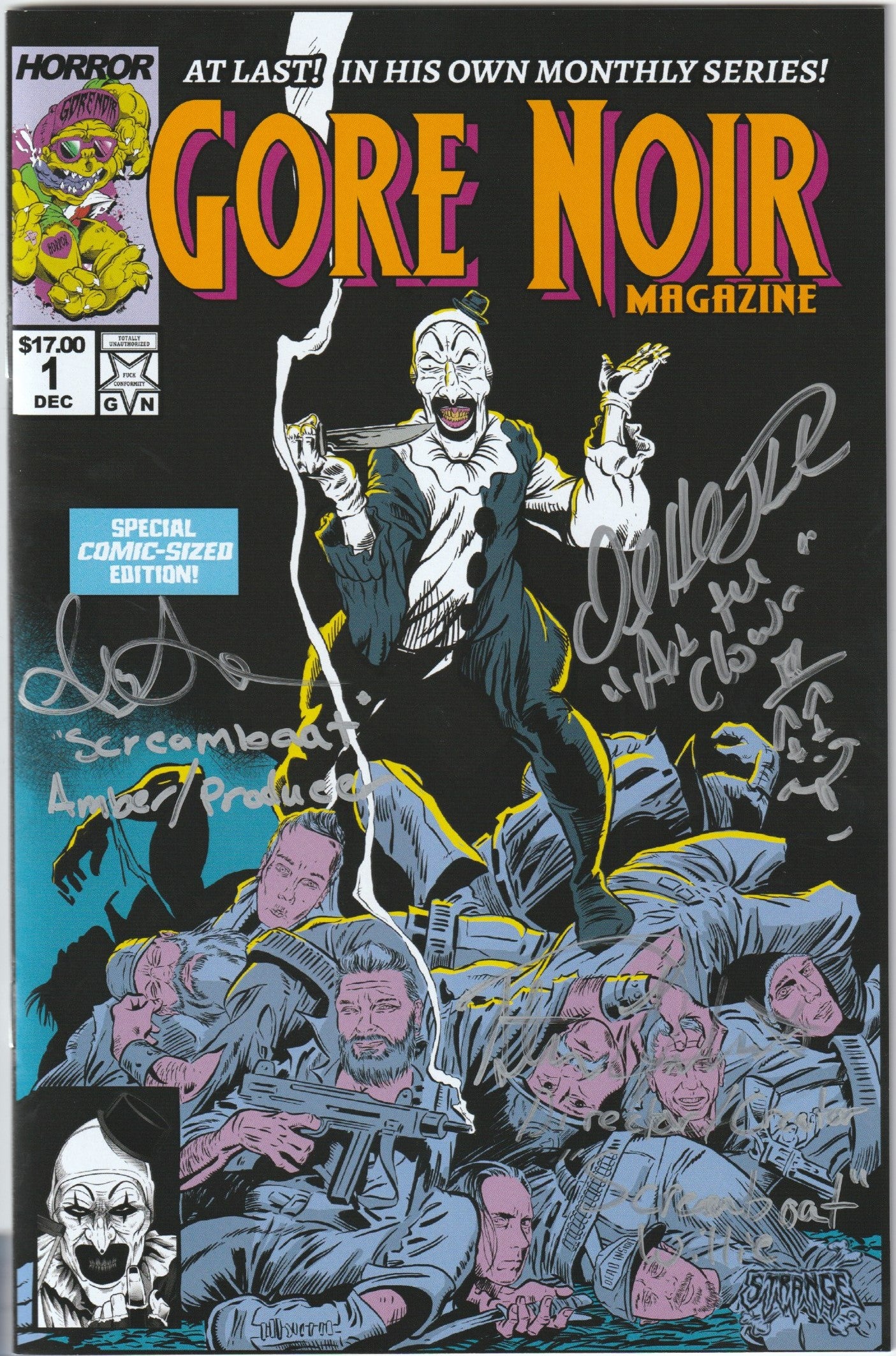Gore Noir 1 - Signed by Terrifier Star David Howard Thorton, Screamboat/Mean One Director Steven LaMorte and Screamboat/Mean one star Amy Schumacher - Wolverine Cover Homage (Screamboat Triple Signature edition)