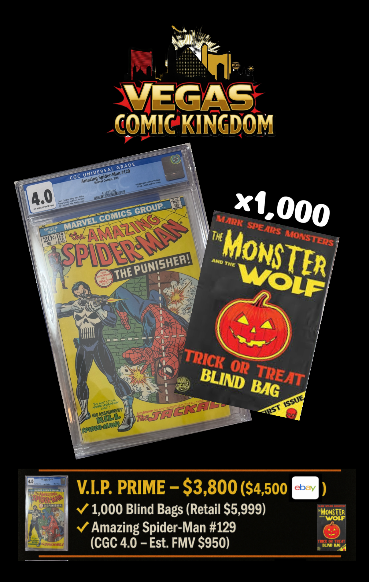 V.I.P. Prime Bundle – VegasComics.com Exclusive! - $6,949 Value! 1,000 Blind Bags + Amazing Spider-Man (1963) #129 (CGC 4.0, White/Off-White Pages)