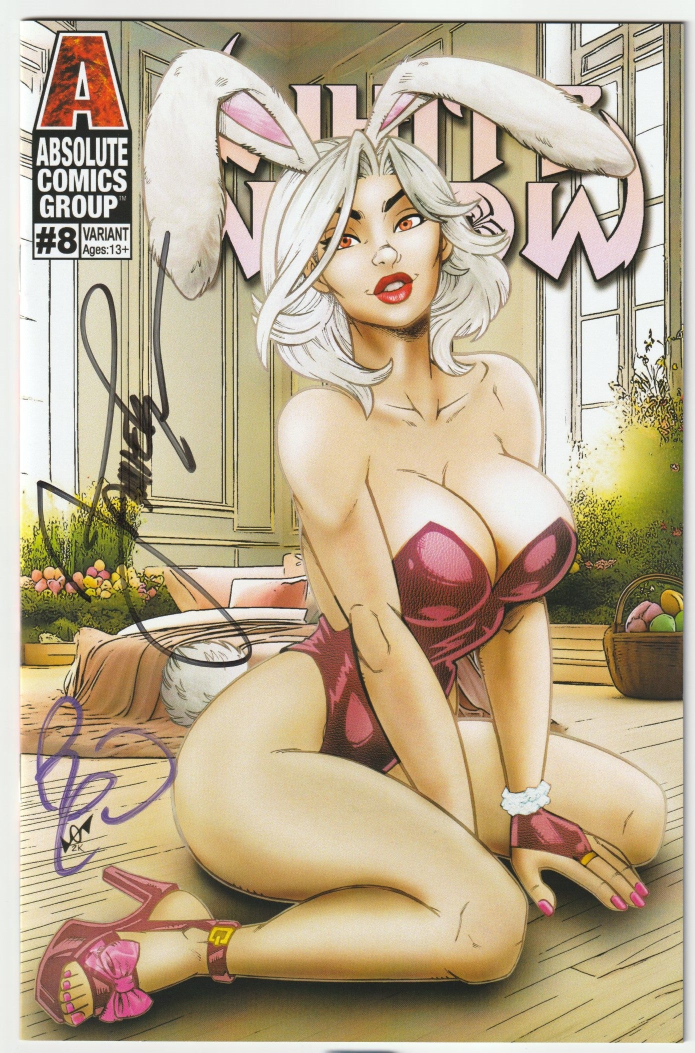 White Widow #8 Easter Bunny Gemzoman April 2025 Cover (2x Signed with COA) (Black/Purple Sigs)