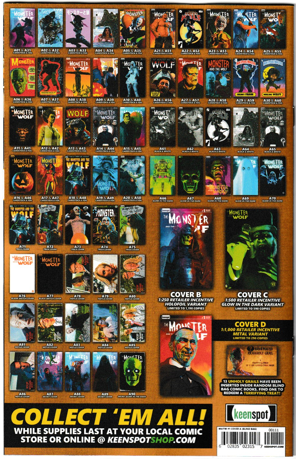 Mark Spears Monsters: The Monster & The Wolf #1 All Retailer Incentive Variant Bundle - Complete Set of C,D,E Retailer Incentive Covers + Black & White Sketch Covers (Lot of 5 Books)