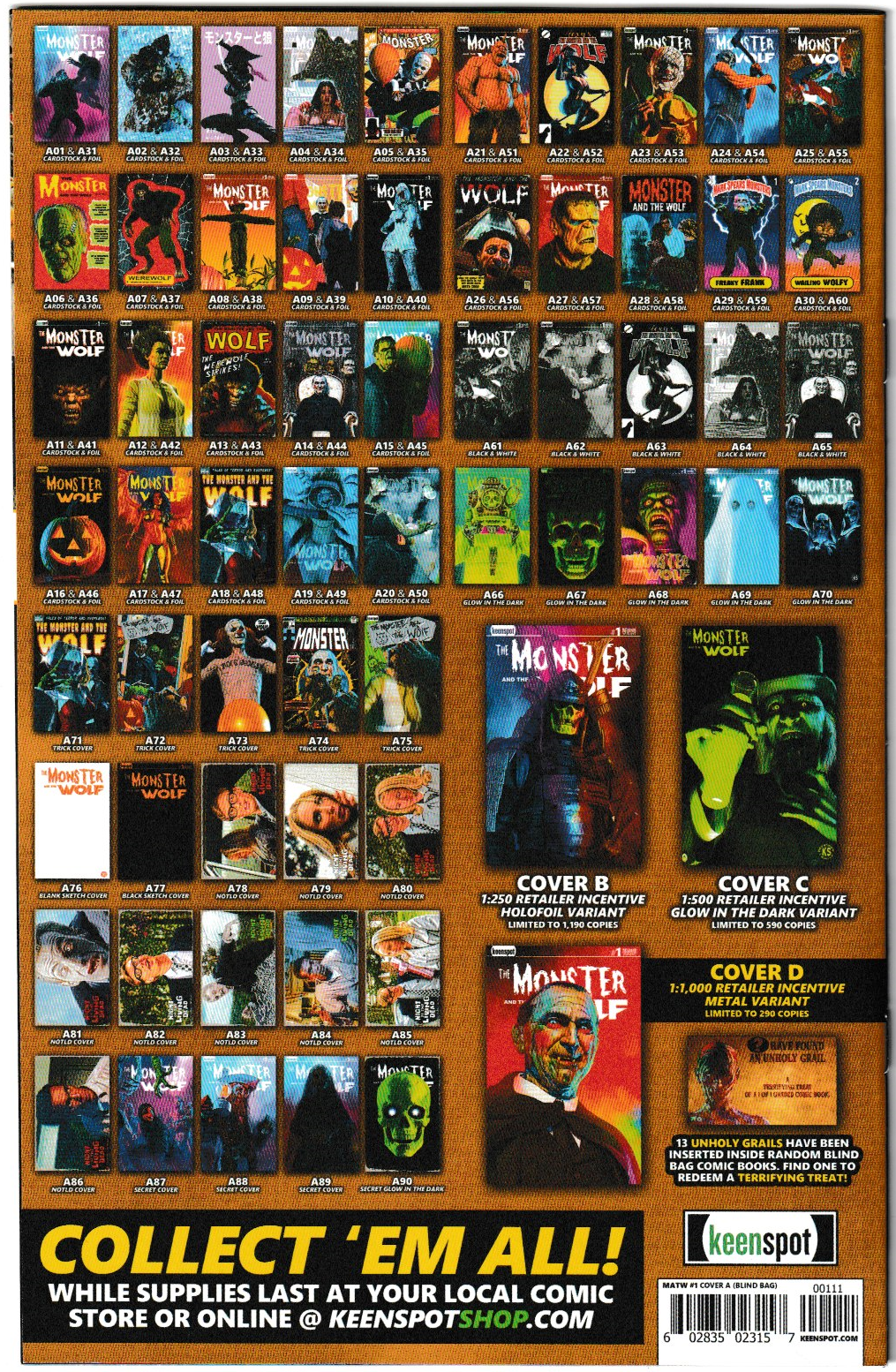 Mark Spears Monsters: The Monster & The Wolf #1 All Retailer Incentive Variant Bundle - Complete Set of C,D,E Retailer Incentive Covers + Black & White Sketch Covers (Lot of 5 Books)