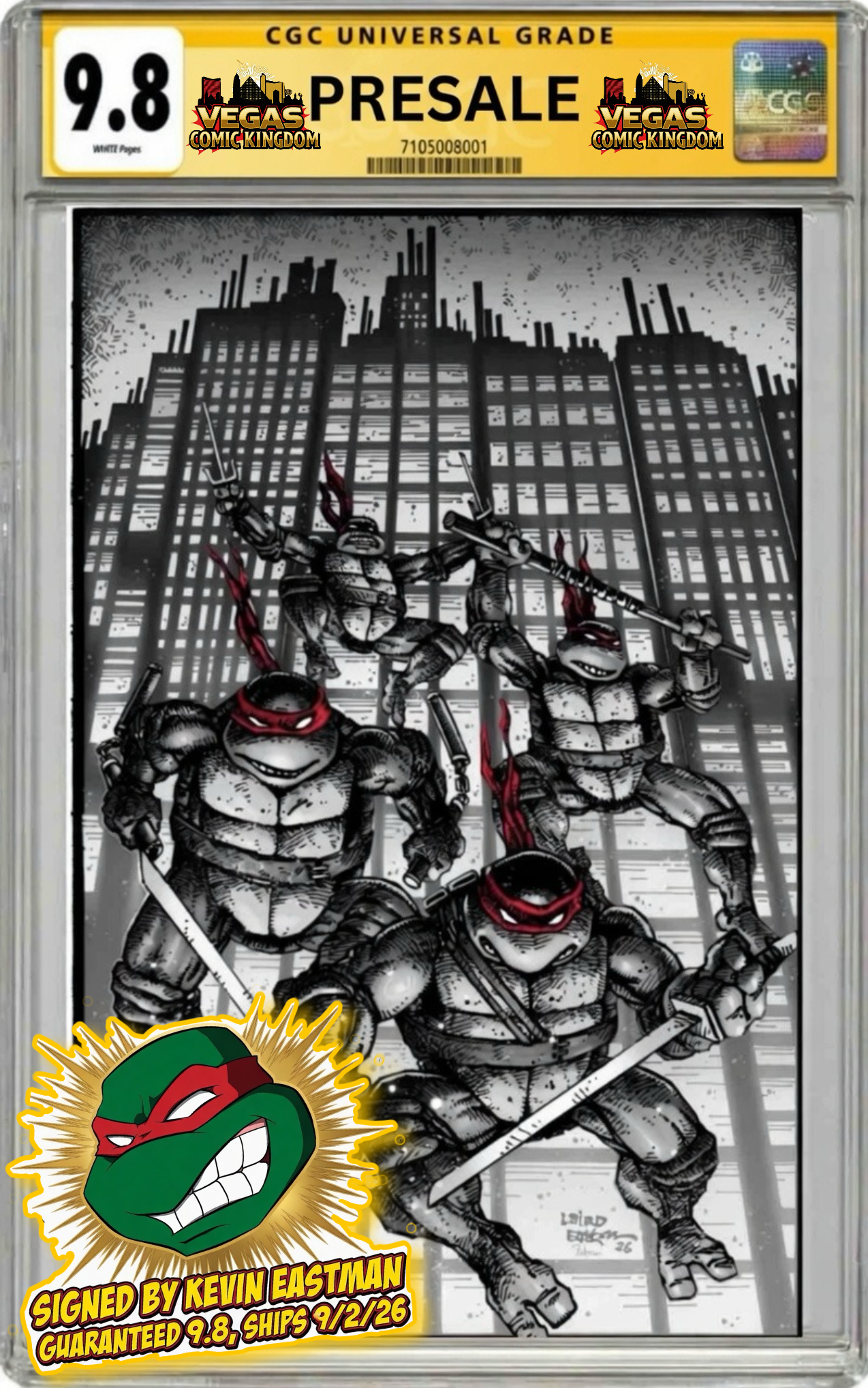 Teenage Mutant Ninja Turtles #20: 300th Issue 1:1000 Incentive Ratio (Eastman & Laird Full Art B/W/R 1:1000) [CGC 9.8, Signed by Kevin Eastman]