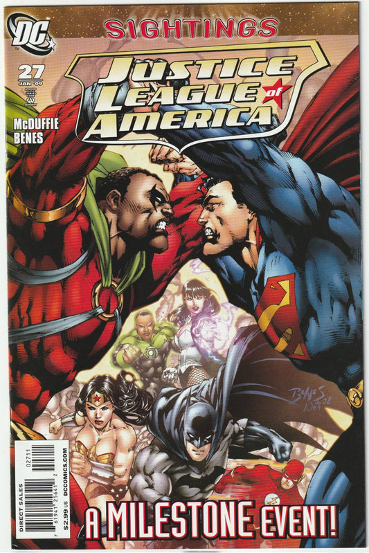 Justice League of America (2006) #27
Defy the odds with Justice League of America (2006) #27, a collector’s standout pulsing with investment potential! Released in November 2008, this issue pits the League against Shadow Thief’s deadly gambit, as McDuffie and Benes deliver a tense, action-packed showdown.
Investment Potential & Market Value Highlights: Villain-driven JLA #27 rides a $17.69 billion market (2025), with mid-grade copies at $12-$22, slabs at $40-$65+. Shadow Thief’s return taps fan nostalgia, o