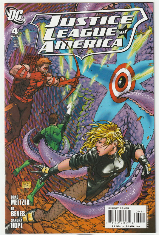 Experience the pulse-pounding evolution of the Justice League with Justice League of America (2006) #4, a collector’s treasure brimming with investment potential! Released in November 2006, this electrifying issue from Brad Meltzer’s celebrated run sees Superman, Batman, and Wonder Woman navigating the fallout of their roster decisions, while new threats emerge to test the League’s resolve. Paired with Ed Benes’ breathtaking artwork, this chapter delivers a perfect mix of character-driven drama and superher