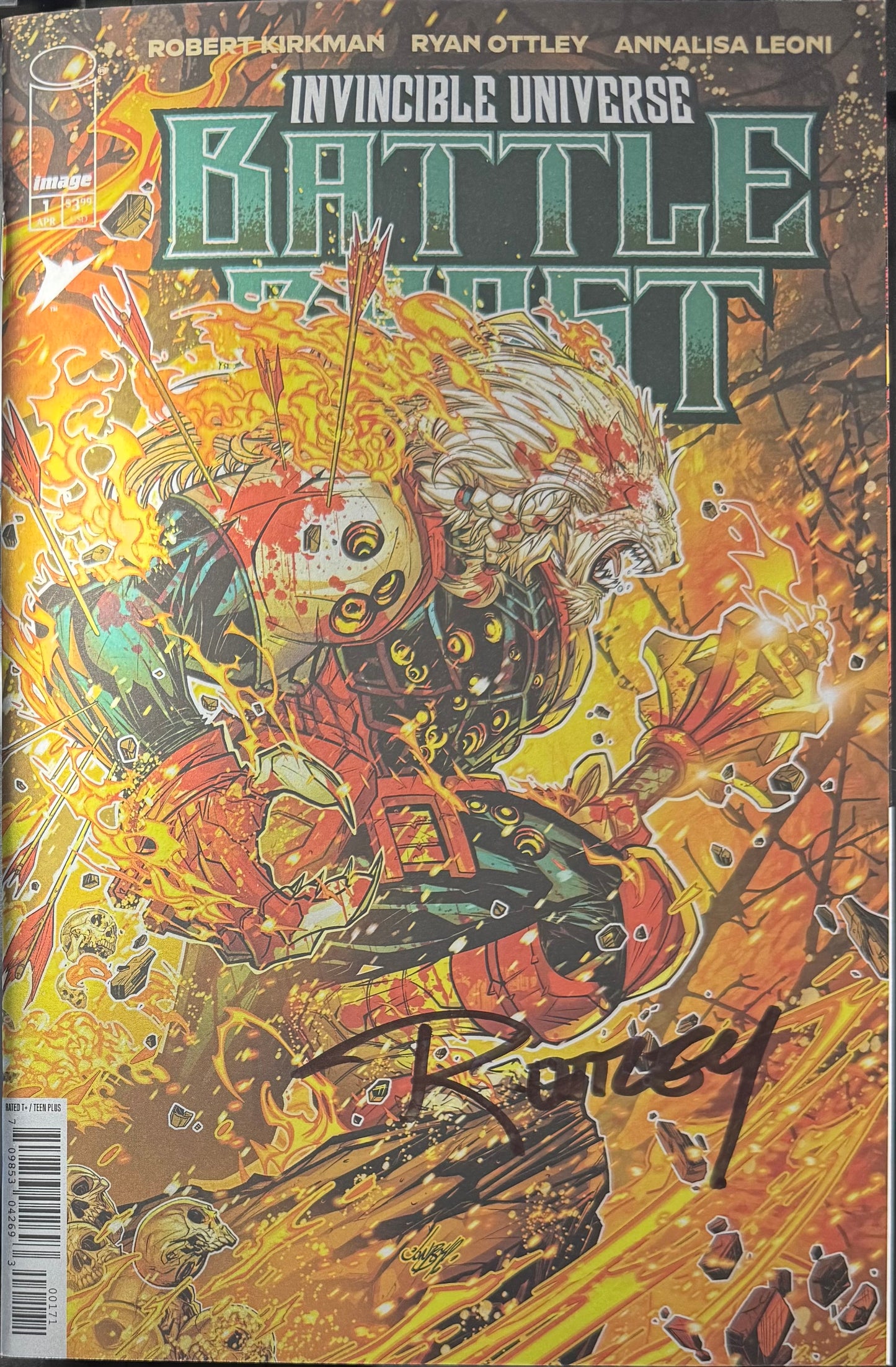 Invincible Universe: Battle Beast #1G – First Print, Jonboy Meyers 1:100 Incentive Holo Foil Variant Cover G, Signed by Ryan Ottley (NM/NM+)
