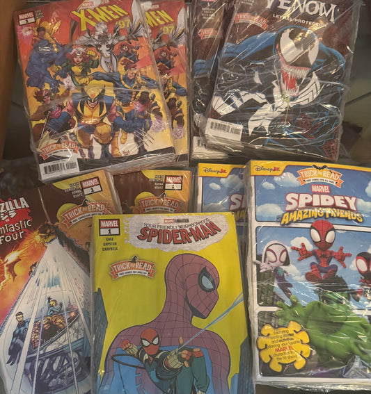 Trick or Read 2025 Freebie (Teen +) Random Pick of 4! Friendly Neighborhood Spider-Man #1  ;  Venom Lethal Protector #1 ; Godzilla vs. Fantastic Four #1 ; X-Men ‘97 #1