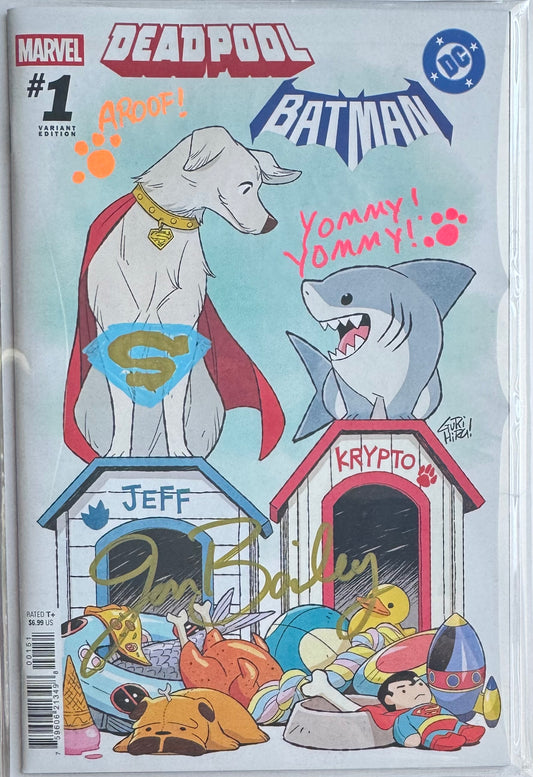 Marvel/DC: Deadpool/Batman #1 Gurihiru Variant Cover [SIGNED BY JON BAILEY VOICE OF JEFF THE LAND SHARK] Krypto Remark