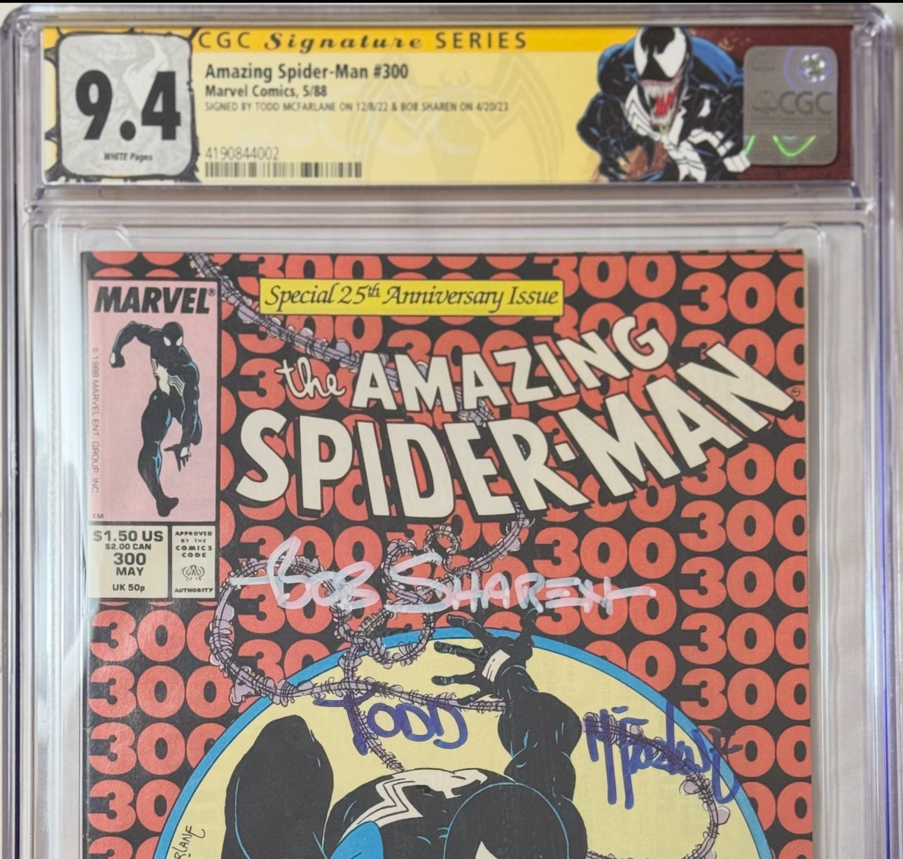 Amazing Spider-Man (1963) #300 - CGC 9.4, White Pages - Signed Todd McFarlane & Bob Sharen (First Full Venom, Iconic Cover)