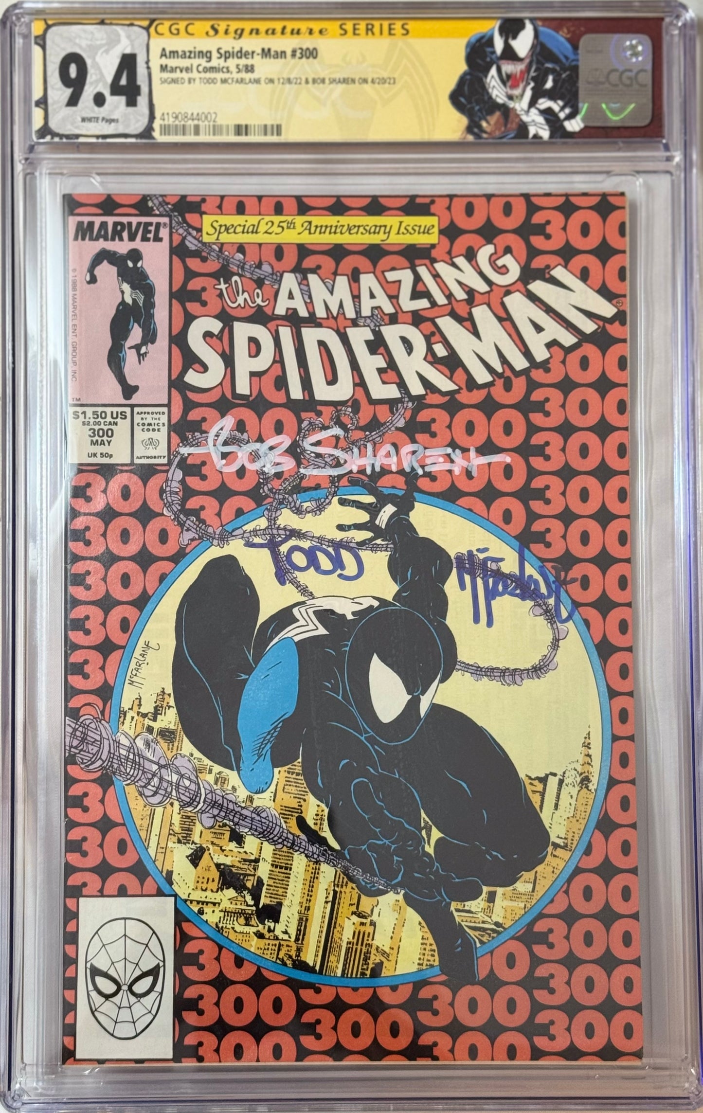Amazing Spider-Man (1963) #300 - CGC 9.4, White Pages - Signed Todd McFarlane & Bob Sharen (First Full Venom, Iconic Cover)