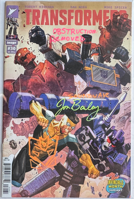 TRANSFORMERS #30 CVR F JOSH CASSARA INVINCIBLE TEAM UP VAR (1st Print) [SIGNED BY JON BAILEY, VOICE OF OPTIMUS PRIME & SOUNDWAVE] OBSTRUCTION REMOVED REMARK