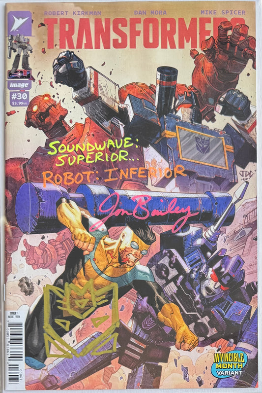TRANSFORMERS #30 CVR F JOSH CASSARA INVINCIBLE TEAM UP VAR (1st Print) [SIGNED BY JON BAILEY, VOICE OF OPTIMUS PRIME & SOUNDWAVE] SOUNDWAVE SUPERIOR ROBOT INFERIOR REMARK