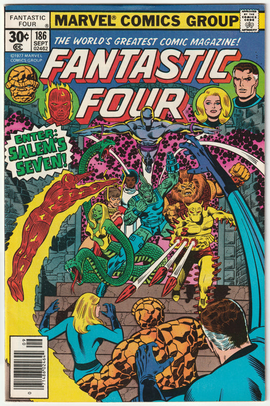 Fantastic Four #186 "Enter: Salem's Seven" Newsstand Edition (FN/VF) (1st App of Salem 7, Nickolas Scratch App)