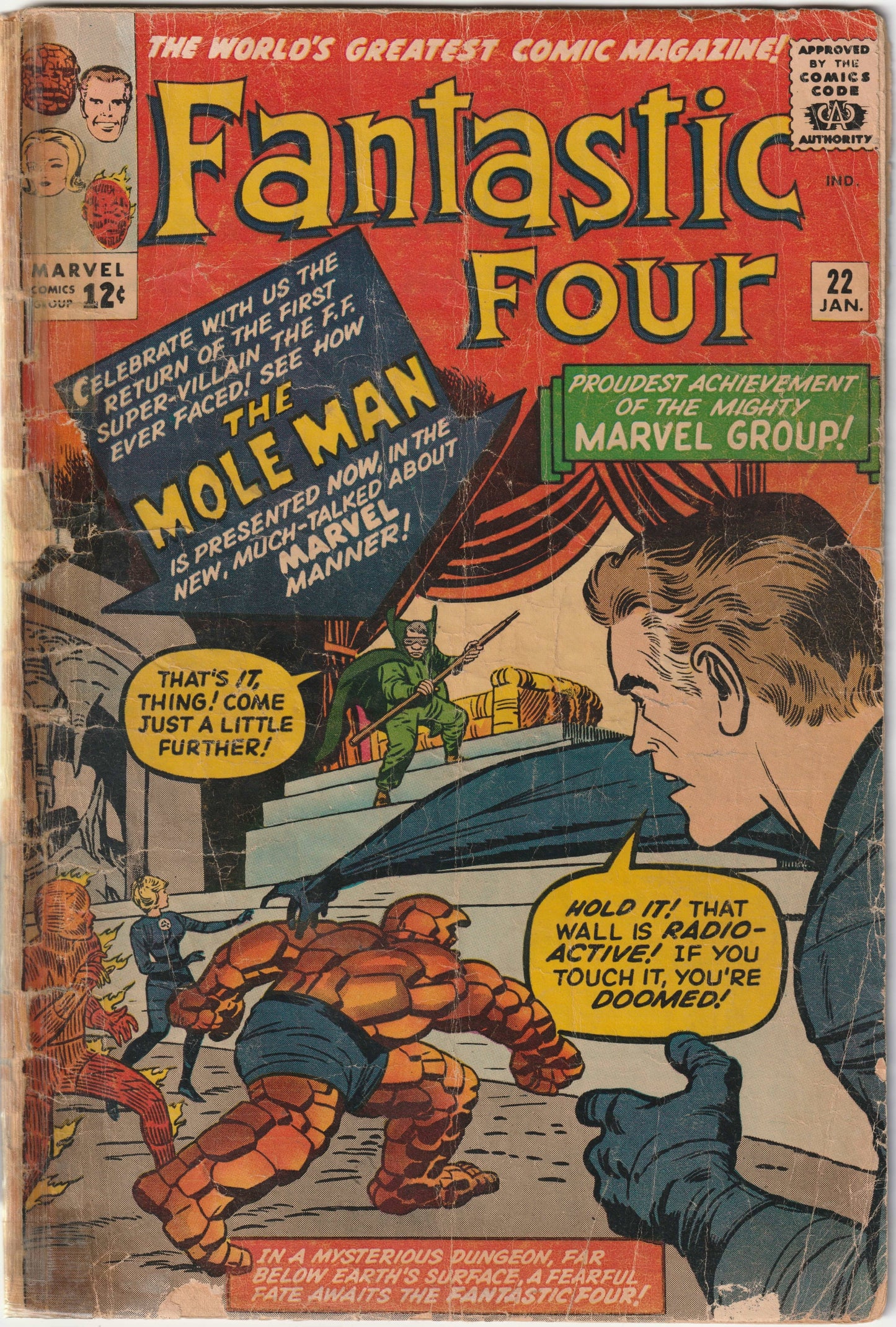 Fantastic Four #22 "The Return of the Mole Man" – 1st “It’s Clobberin Time”; 1st Sue Storm Invisible Force Field, Marvel Comics 1964 (Restored, Low Grade)