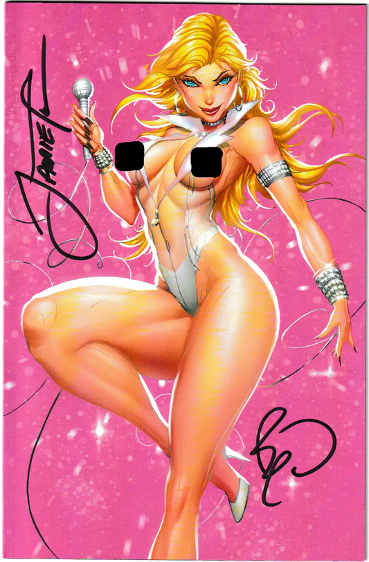Illustration of a superheroine with a microphone on a pink background