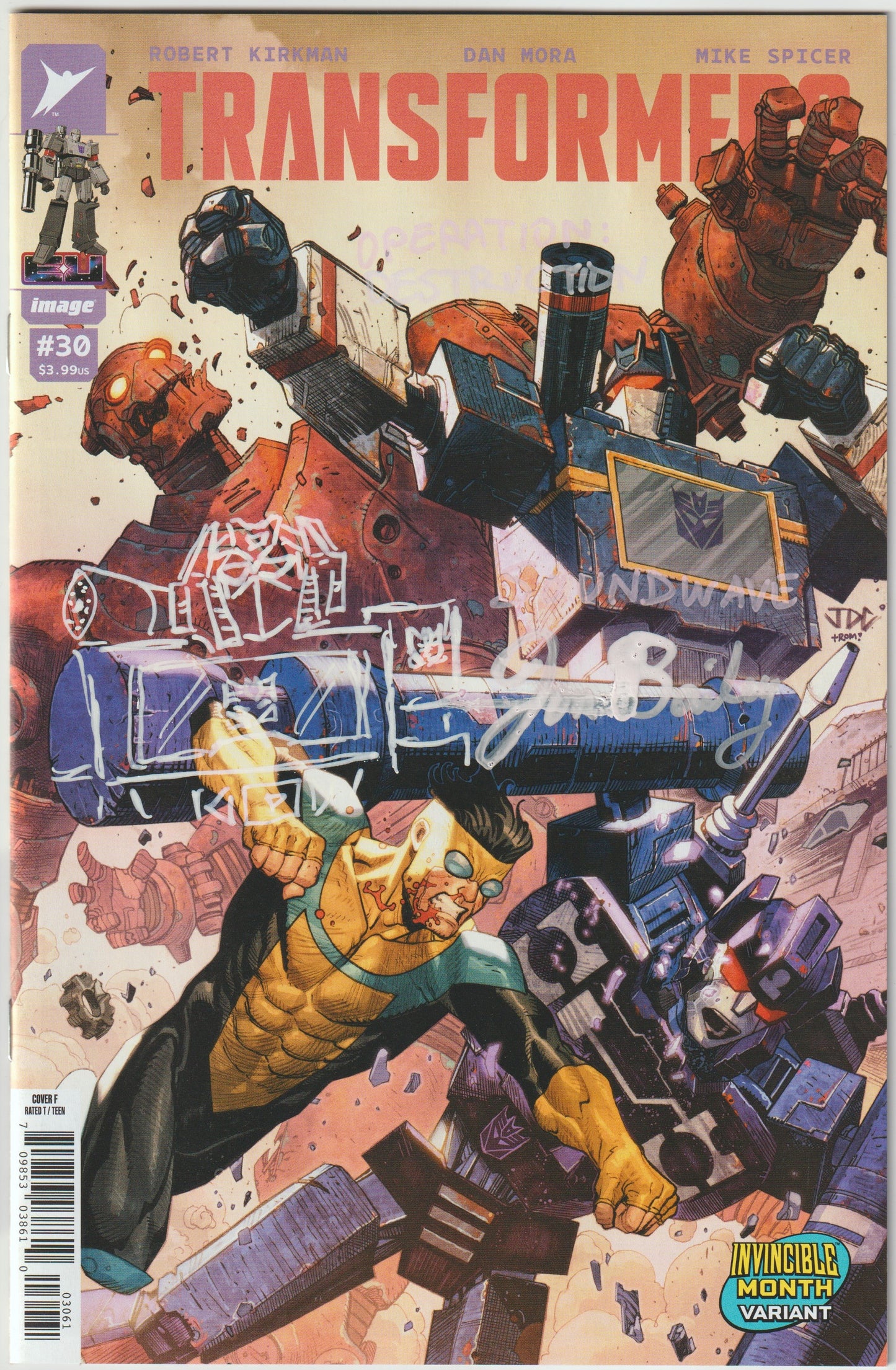 TRANSFORMERS #30 CVR F JOSH CASSARA INVINCIBLE TEAM UP VAR (1st Print) [SIGNED BY JON BAILEY, VOICE OF OPTIMUS PRIME & SOUNDWAVE] OPERATION DESTRUCTION REMARK