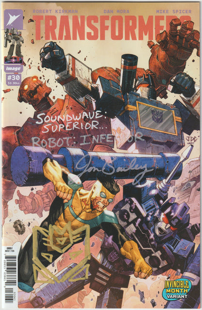 TRANSFORMERS #30 CVR F JOSH CASSARA INVINCIBLE TEAM UP VAR (1st Print) [SIGNED BY JON BAILEY, VOICE OF OPTIMUS PRIME & SOUNDWAVE] SOUNDWAVE SUPERIOR ROBOT INFERIOR REMARK