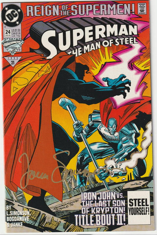 Seize a dynamic chapter of Superman’s saga with Superman: Man of Steel #24, a collector’s gem signed by writer Louise Simonson! Released in August 1993, this thrilling issue deepens the “Reign of the Supermen” arc, showcasing Steel (John Henry Irons) forging his path as a hero while the Cyborg Superman’s sinister plot unfolds. 