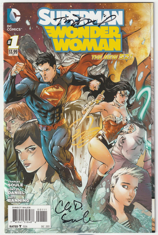 Launched in October 2013, this groundbreaking series by writer Charles Soule and artist Tony S. Daniel dives into the electrifying romance between Superman and Wonder Woman, redefining their dynamic post-Justice League #12. Featuring a stunning wraparound gatefold cover, this issue captures the Man of Steel and the Amazon Princess in a triptych centerpiece, blending bold storytelling with iconic art.