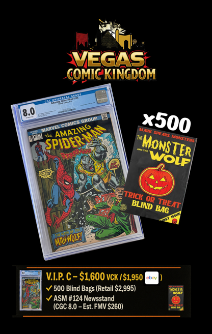 V.I.P. C Bundle – VegasComics.com Exclusive! - $3,245 Value! 500 Blind Bags + Amazing Spider-Man #124 (CGC 8.0) – First Man-Wolf Appearance