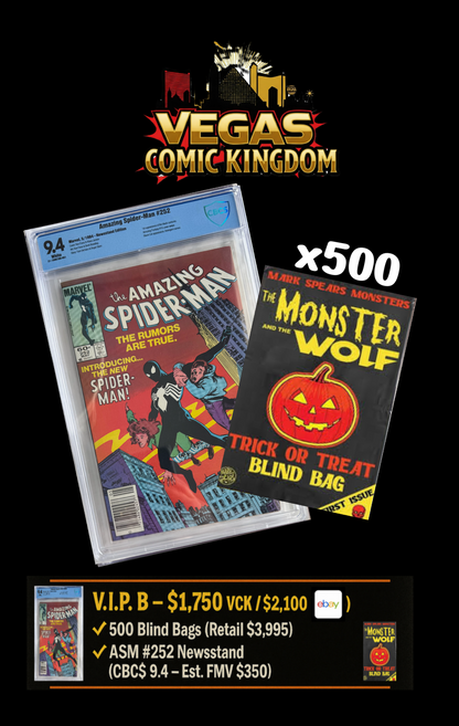 V.I.P. B Bundle – VegasComics.com Exclusive! - $3,345 Value! 500 Blind Bags + Amazing Spider-Man #252 (Newsstand, CBCS 9.4) – First Black Costume in ASM 1963, ASM 1 Homage, Black Cat, Avengers Cameos