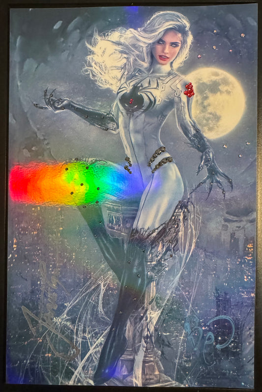 1 of 1 - Swarovski Crystals White Widow #3 (2024) Foil Variant - 2x Signed by Jamie Tyndall and Benny Powell with Metal CoA