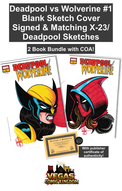 Deadpool vs Wolverine TWO COVER SET SIGNED AND REMARKED BY KEN HAESER WITH ELLIE CAMACHO DEADPOOL VS LAURA KINNEY WOLVERINE SKETCH WITH COA