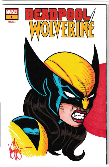 Deadpool vs Wolverine TWO COVER SET SIGNED AND REMARKED BY KEN HAESER WITH ELLIE CAMACHO DEADPOOL VS LAURA KINNEY WOLVERINE SKETCH WITH COA